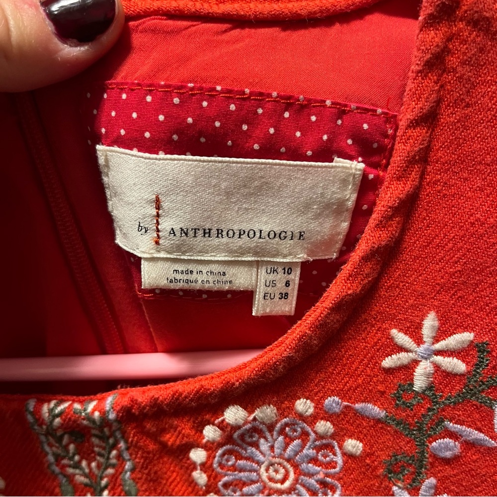 Anthropologie Embroidered Red Dress sleeveless size 6 - Picture 3 of 8